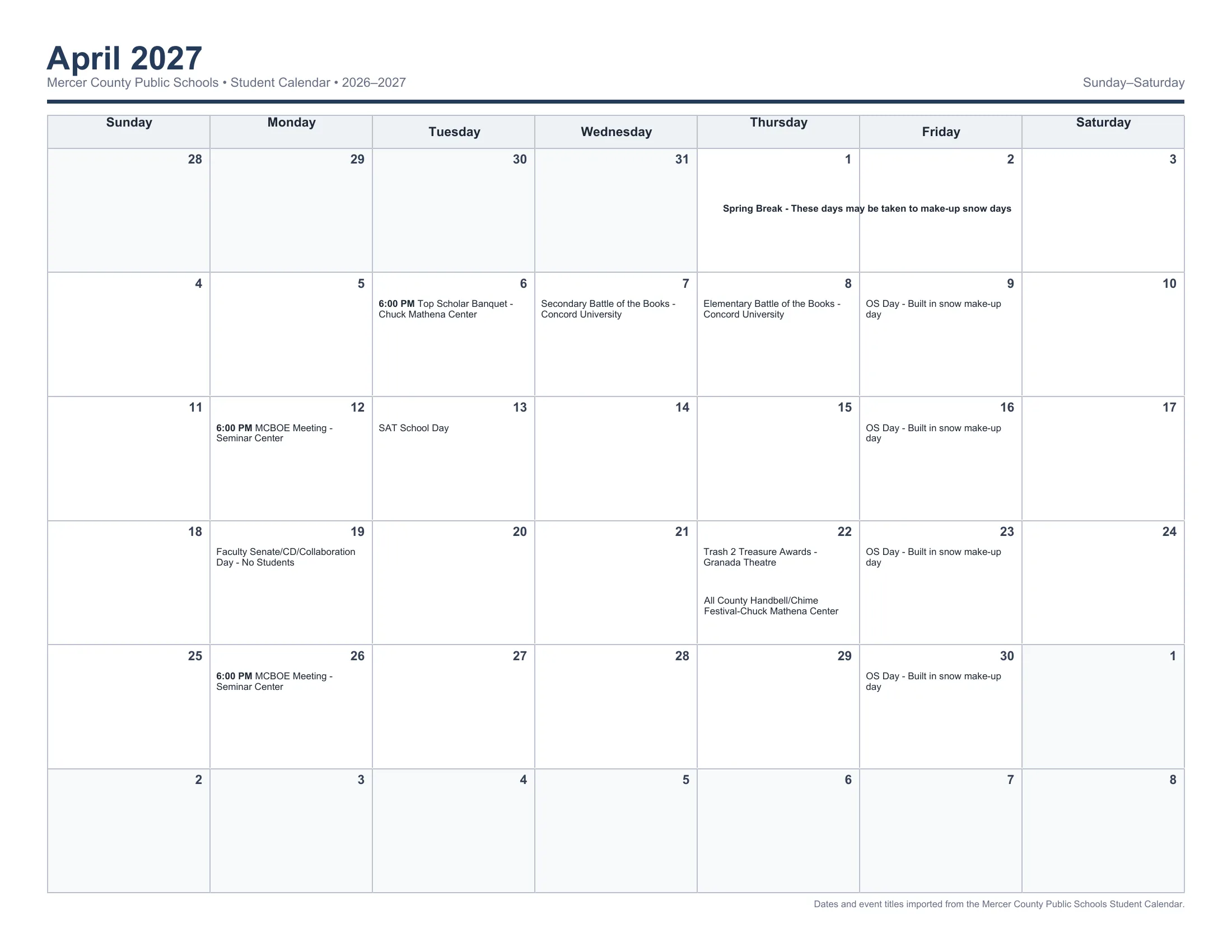 The Mercer County Public Schools 2026-2027 Student Calendar: one Sunday to Saturday month grid per page from August 2026 to June 2027, with each day's events written in its cell, including holidays, breaks, no-student days, OS Days and the end of each nine weeks. Page 9 of 12.