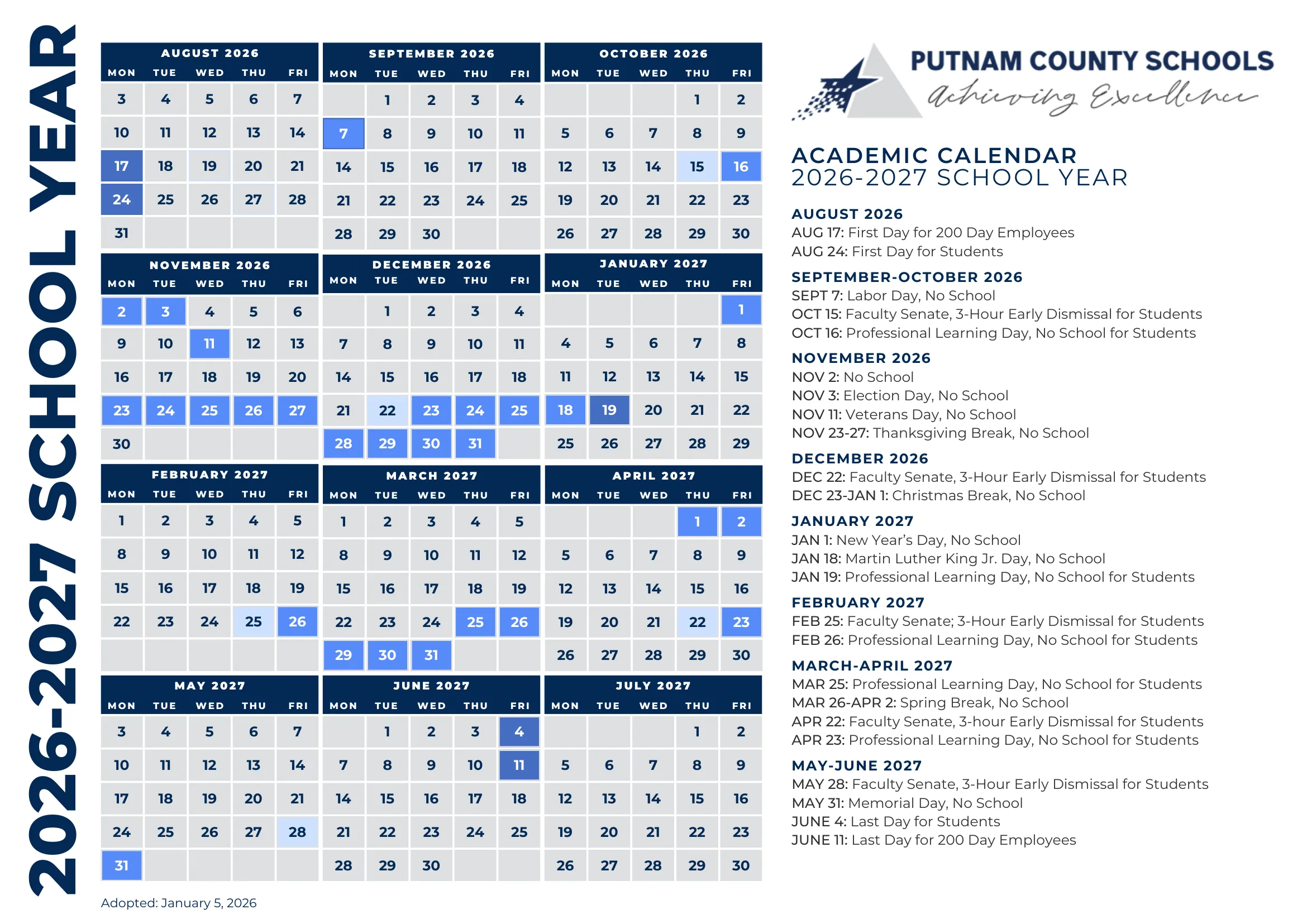 The Putnam County Schools 2026-27 academic calendar: weekday grids from August 2026 to July 2027 with no-school days in blue, early dismissal days in light blue, first and last days in dark blue, and a month-by-month list of dates.