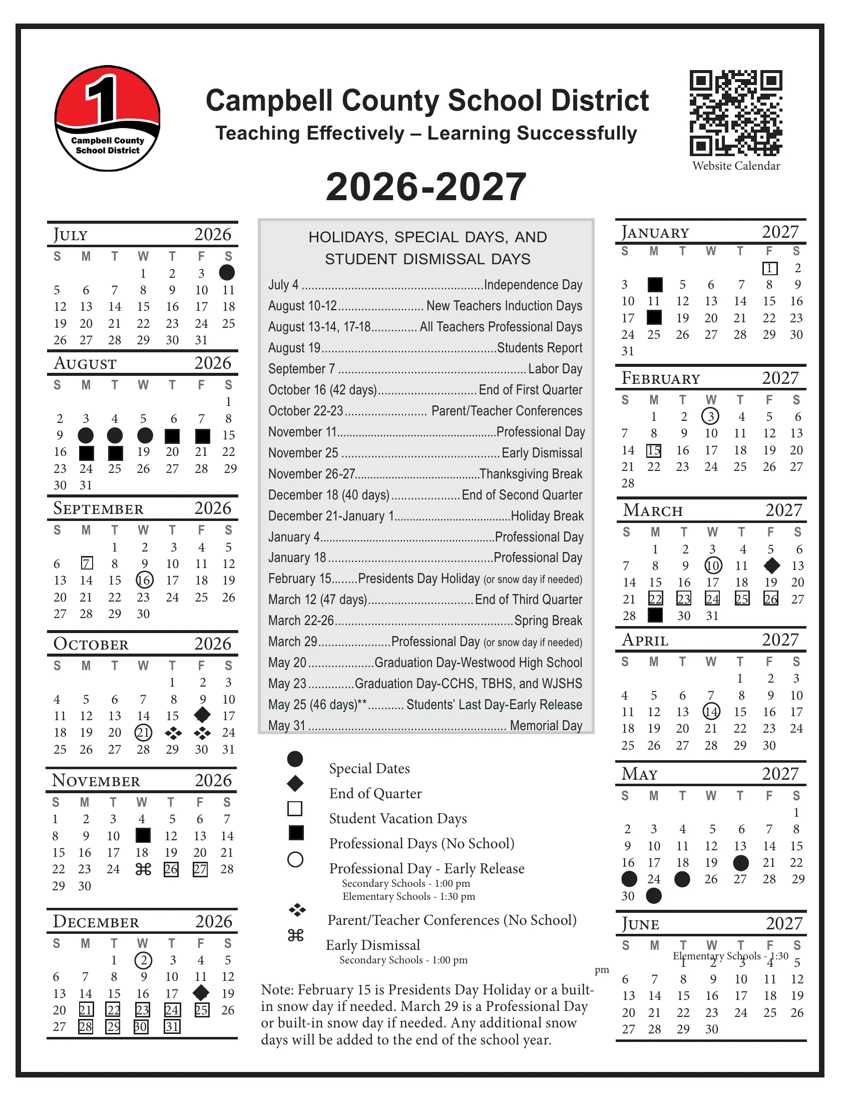 The Campbell County School District 2026-2027 calendar for 5-day schools: month grids from July 2026 to June 2027 with symbols for special dates, ends of quarters, student vacation days, professional days, early release days, parent-teacher conferences and early dismissals, beside a list of holidays, special days and student dismissal days with each quarter's day count.