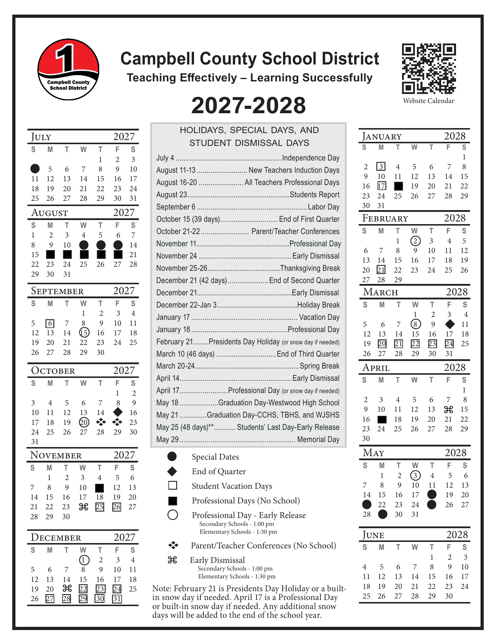 The Campbell County School District 2027-2028 calendar for 5-day schools: month grids from July 2027 to June 2028 with symbols for special dates, ends of quarters, student vacation days, professional days, early release days, parent-teacher conferences and early dismissals, beside a list of holidays, special days and student dismissal days with each quarter's day count.