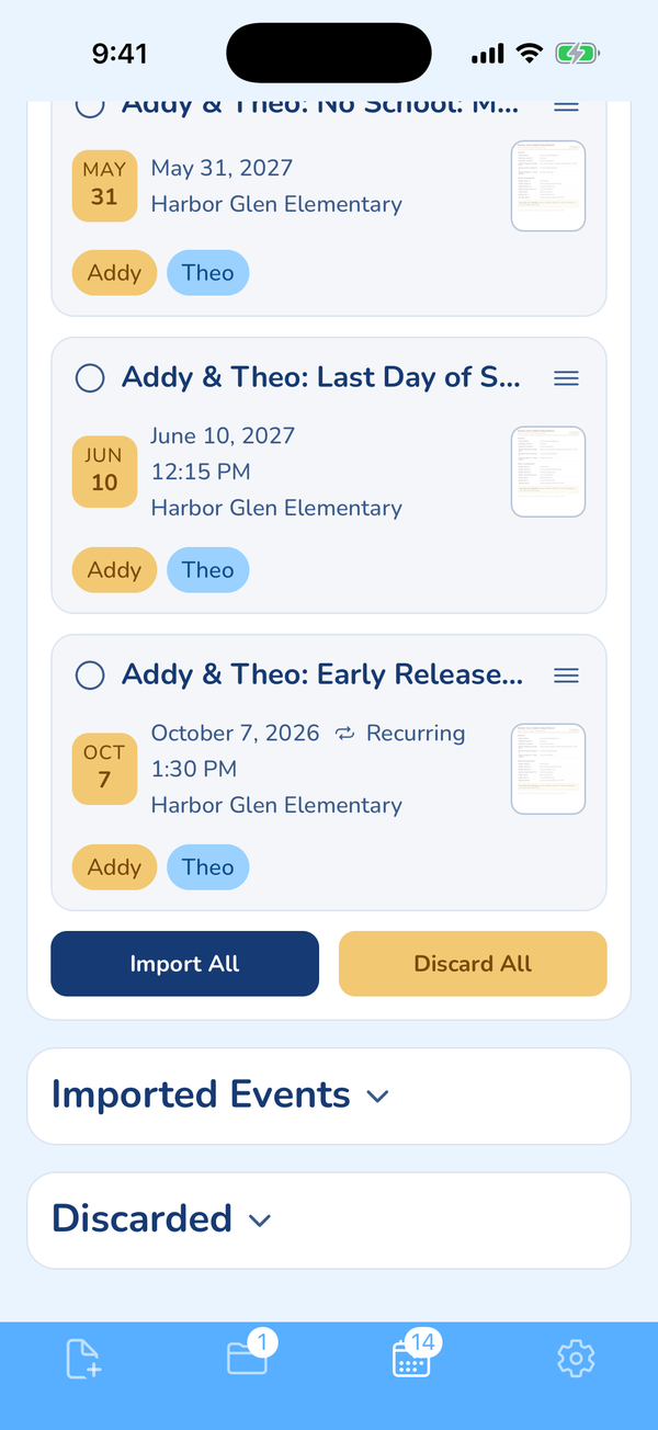 The KidsFoldr Events tab after scanning a school-year calendar: early release as one recurring event, tagged to Addy and Theo, with Import All.