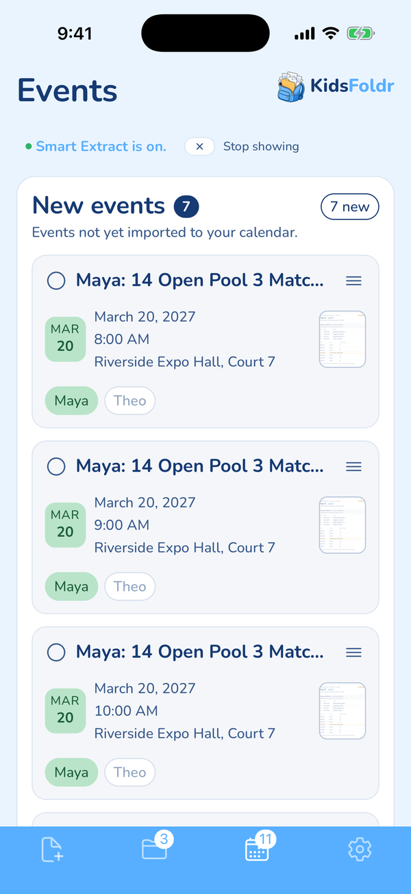 KidsFoldr Events with Smart Extract on: only Maya's matches from a volleyball pool sheet, each with date, time and court.