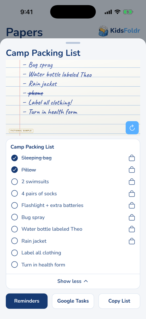 A handwritten camp packing list in KidsFoldr, turned into a checklist with Reminders, Google Tasks and Copy List.