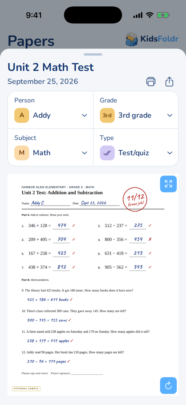 A paper in KidsFoldr, Addy's Unit 2 math test, with its categories above the scan: Person Addy, Grade 3rd grade, Subject Math and Type Test/quiz, each with a menu to change it.