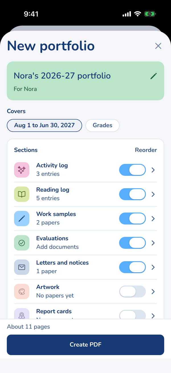 The KidsFoldr New portfolio builder for Nora's 2026-27 portfolio, with sections switched on and Create PDF.