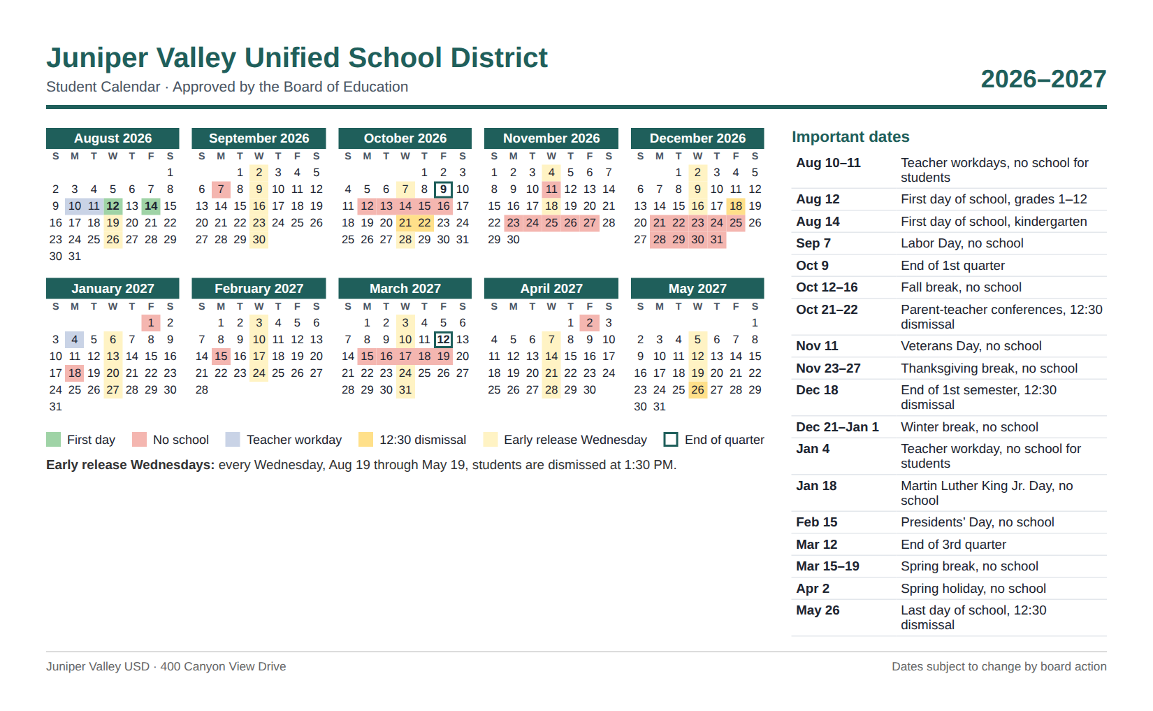The 2026-2027 student calendar for Juniper Valley Unified School District: ten color-coded month grids, a legend, a note about early release Wednesdays and a list of important dates.