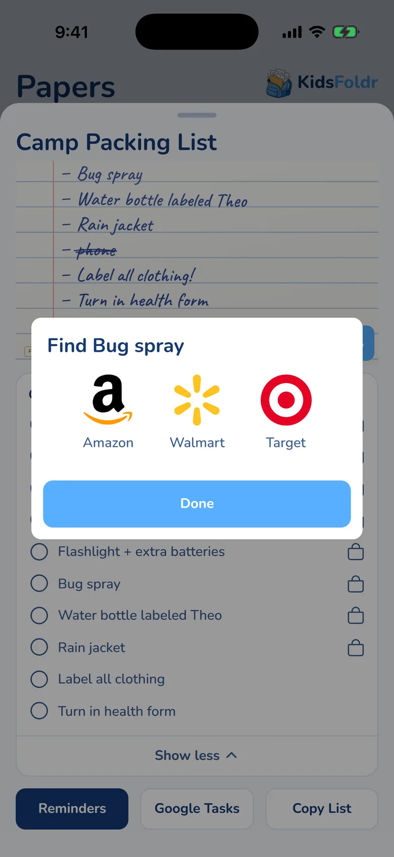 The same list with the Find Bug spray menu open, offering Amazon, Walmart and Target, and a Done button.