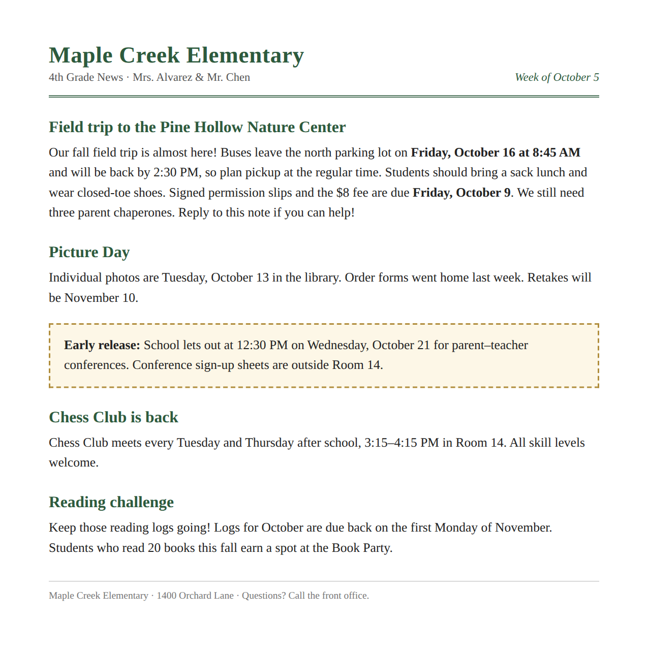 A fourth-grade newsletter from Maple Creek Elementary listing a field trip, picture day, an early release day, a chess club and a reading challenge.