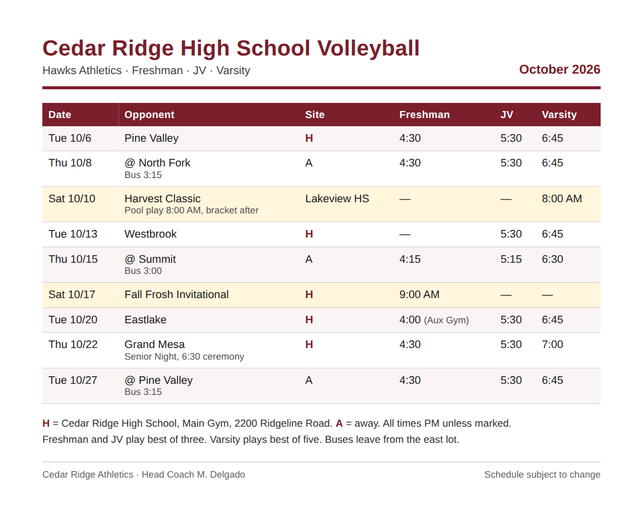 An October 2026 volleyball schedule for Cedar Ridge High School, with Freshman, JV and Varsity match times side by side, home and away sites, bus times and two Saturday tournaments.